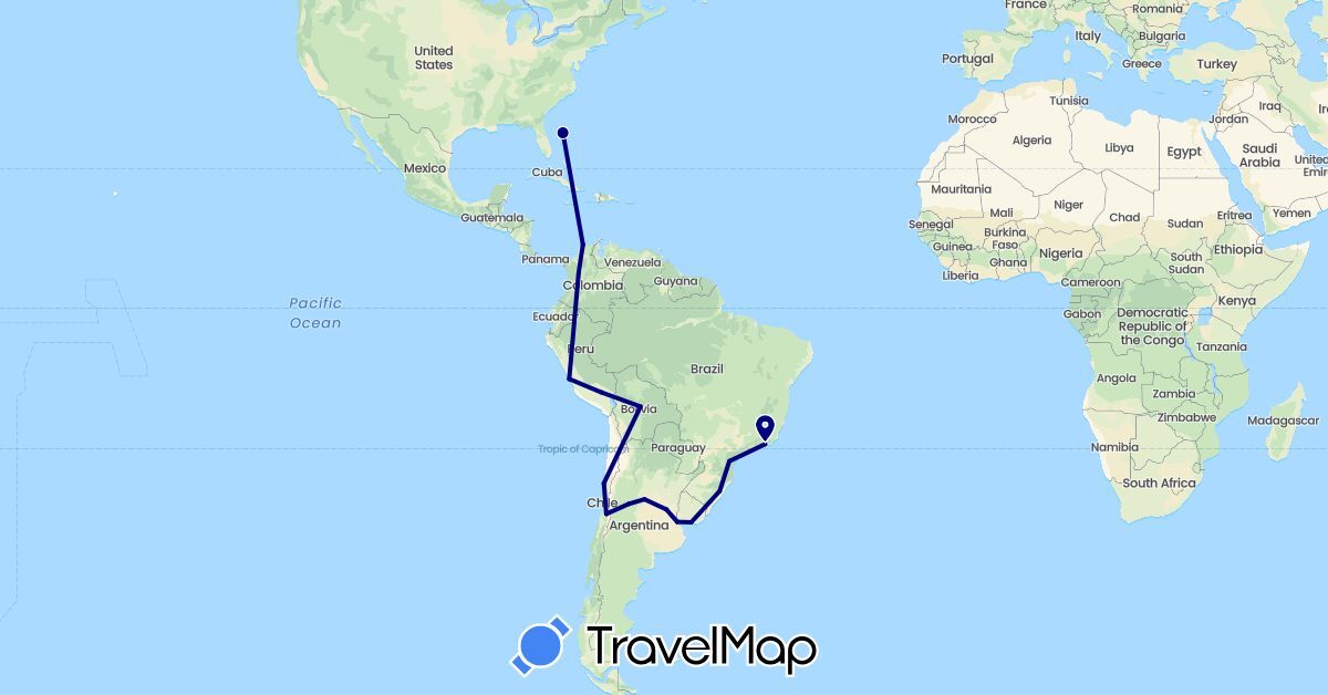 TravelMap itinerary: driving in Argentina, Bolivia, Brazil, Chile, Colombia, Peru, Uruguay (South America)